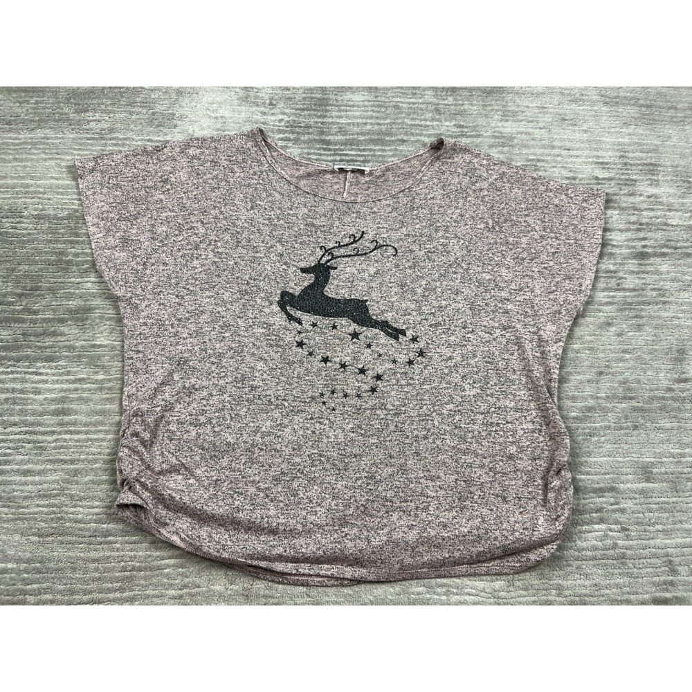 Rue Juju Top Women Pink Reindeer Glitter Space Dye Ruched Short Sleeve Relaxed